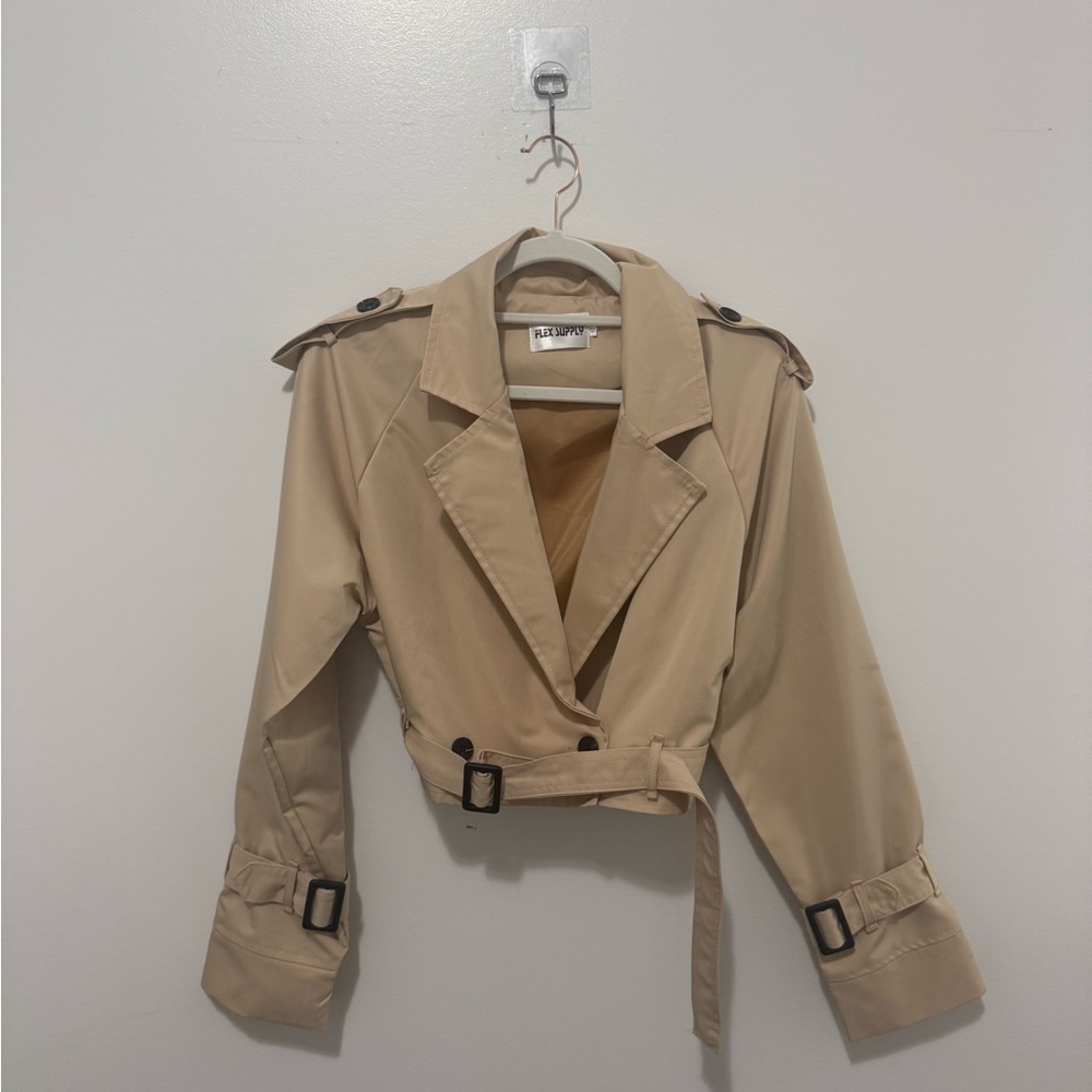 Beige Cropped Trench Coat Belted Lightweight Jacket Size XS Minimalist Chic Y2K